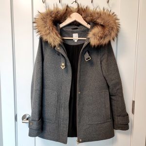 TWIK Simons wool blend coat with removable faux fur trim on hood, size XS